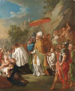 A procession with a bishop carrying a statue of the Madonna and Child