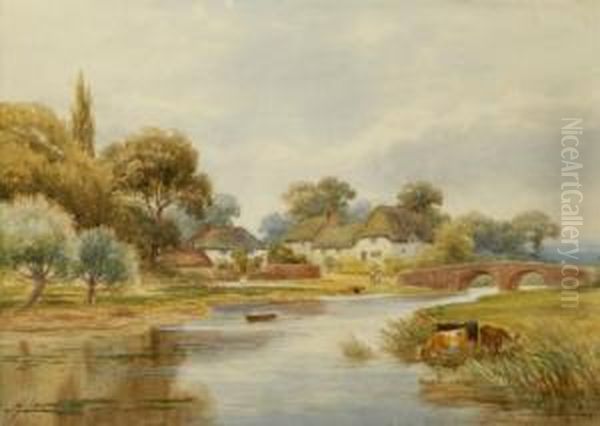 A Landscape With Cattle Drinking
 To Theforeground And A Bridge And Village In The Background - view 1