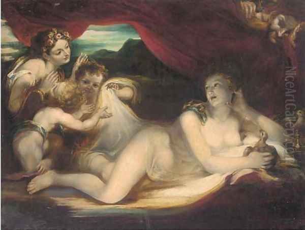 Venus reclining on a couch with cherubs and a nymph, a satyr looking on - view 1