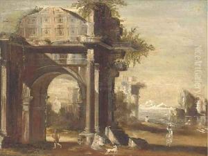 A capriccio of classical ruins by a shore, with figures in the foreground
