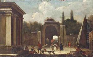 A capriccio of classical ruins with elegant company in the foreground