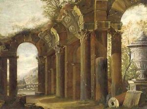 A capriccio of classical ruins with a shepherd and his flock beyond