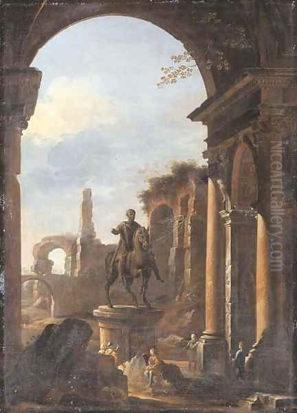A capriccio of Roman ruins with peasants amongst ruins by the equestrian statue of Marcus Aurelius - view 1