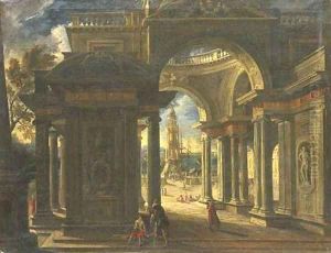 An architectural capriccio of the loggia of a Baroque palace, a port beyond