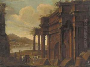 A capriccio of classical ruins with figures conversing