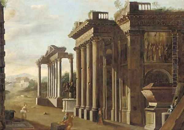 A capriccio of classical ruins with the statue of Marcus Aurelius, a draughtsman and other figures in the foreground - view 1