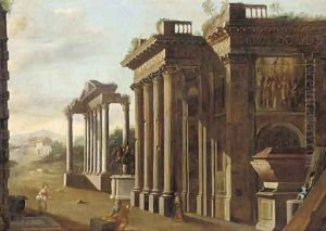 A capriccio of classical ruins with the statue of Marcus Aurelius, a draughtsman and other figures in the foreground
