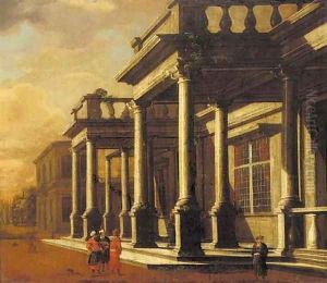 Orientals conversing before a capriccio of a classical building
