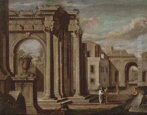 A capriccio of classical buildings with figures in the foreground by Viviano Codazzi