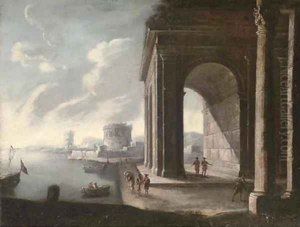 A Mediterranean coastal harbour with figures by a classical arch - view 1