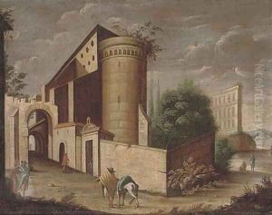 An architectural capriccio with a traveller and his horse