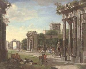 An arhitectural capriccio of classical ruins with elegant company