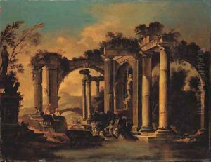 Capricci of lakeside classical ruins with peasants