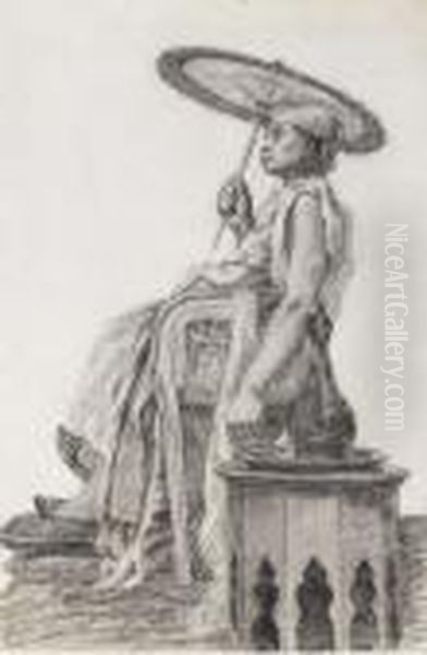 Une Figure Orientale Assise, En Profil A Gauche, Tenant Une Ombrelle - view 1