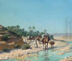 A Camel Train Crossing A Stream