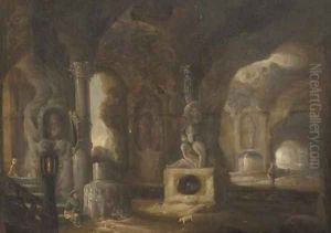 The interior of a grotto with figures amongst classical ruins and fountains by Abraham van Cuylenborch