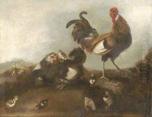 A chicken, cockerel and chicks by Angelo Maria Crivelli, Il Crivellone