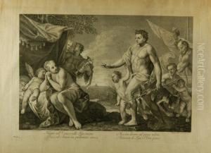 "scene Allegoriche Con Putti E 
Baccanti" Gruppo Di Quattro Incisioni . Stampatore Wagner - Venezia In 
Cornici In Noce Decorate Con Fregi Agli Angoli