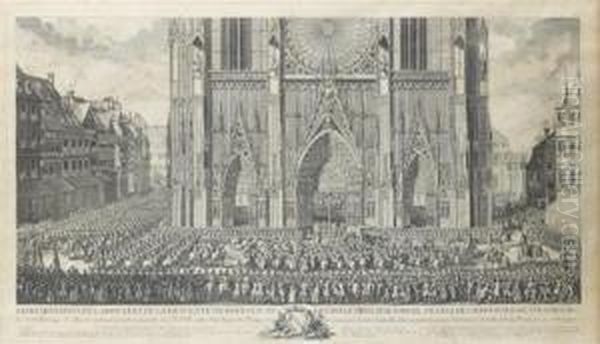 Representation De L'arrivee De 
La Descente Du Roi Louis Xv Devant Le Principal Portail De L'eglise 
Cathedrale De Strasbourg - view 1