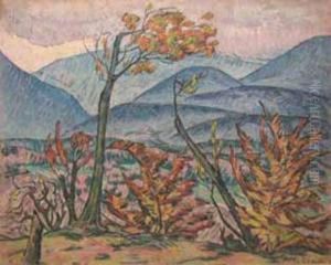 Feuillages Devant Des Montagnes Bleues by Alcide Le Beau