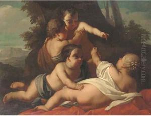 Putti disporting in a wooded landscape by Carlo Cignani