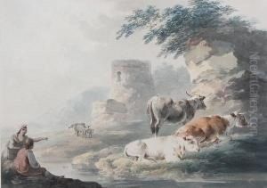 Travellers And Cattle Resting By Ruins by Peter La Cave