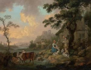 A River Landscape With Cattle Watering And A Family By Their Cottage by Peter La Cave