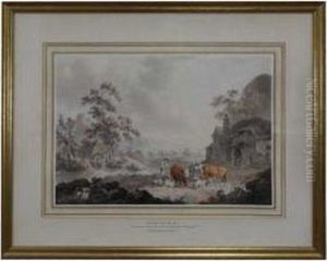 Herdsman, Milkmaid And Cattle Outside A Farmhouse by Peter La Cave