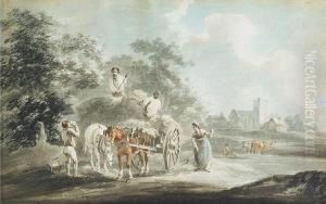 Figures Gathering Hay, A Pair by Peter La Cave