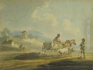Ady On Horse And Cart On A Country Lanetalking To A Shepherd With Two Sheep And His Dog