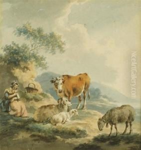 A Young Maiden In A Landscape With Cattle And Sheep