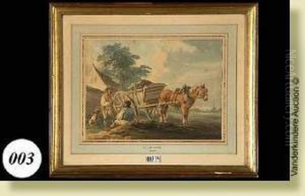 Lahalte Des Paysans, Aquarelle 
Sur Papier. Signee En Bas Au Milieu Lecave Et Datee 1799. Ecole 
Britannique. Dim.: 19x25cm - view 1