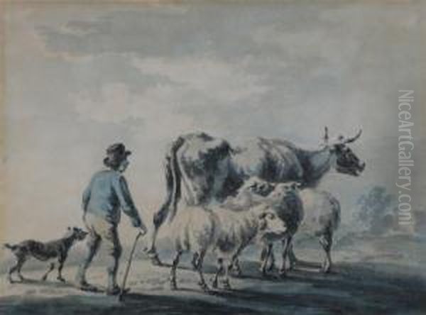 A Herdsman, Cows And Sheep - view 1