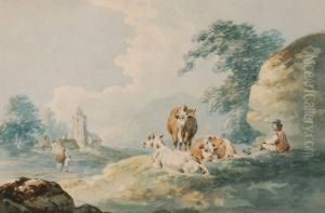 Watercolour, Figures Andcattle 
Near A Country Road, Unsigned With Gallery Label Verso.6.25" X 9.5"
