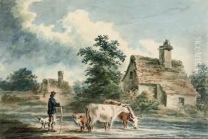 Cattle Grazing By A Farm