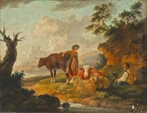 A Milkmaid And A Shepherd With His Flock And Cattle In An Extensive Landscape by Peter La Cave