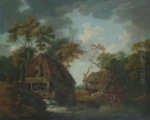 Figures And Cattle By A Watermill. by Peter La Cave