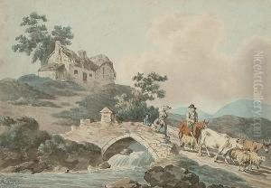 Figures, Cattle And Sheep Crossing A Bridge