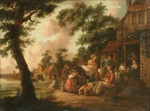 Travellers And Country Folk Outside An Inn With A Watermill Beyond