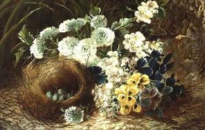 A Still Life of Flowers and a Birds Nest on a Mossy Bank by Vincent Clare