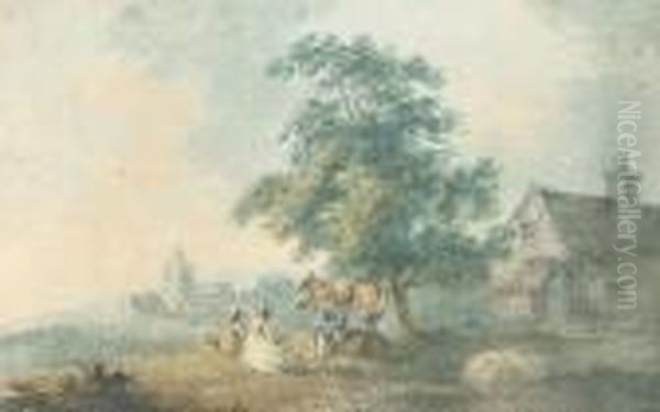 Figures And A Donkey Resting Outside A Village - view 1