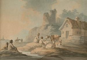 Figures And Goats By A Cottage by Peter La Cave