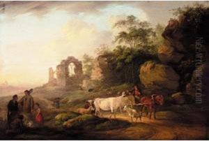 Peasants And A Drover On A Country Road, A Ruined Abbey Beyond by Peter La Cave