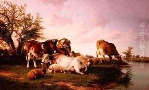 Sheep and Cattle Grazing by a Riverbank by Thomas Sidney Cooper