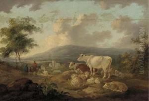 Figures On A Track Returning To A Village, Cattle And Sheep In The Foreground