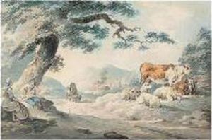 Figures By A Roadside With Sheep And Cattle by Peter La Cave