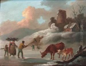 Figures And Cattle On A Frozen Lake by Peter La Cave