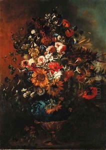Roses, sunflowers, carnations, morning glory, lilies and other flowers in an ornamental vase