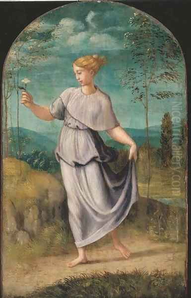 A young woman holding a flower with an extensive landscape beyond - view 1