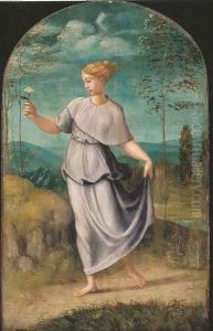 A young woman holding a flower with an extensive landscape beyond by Girolamo da Carpi